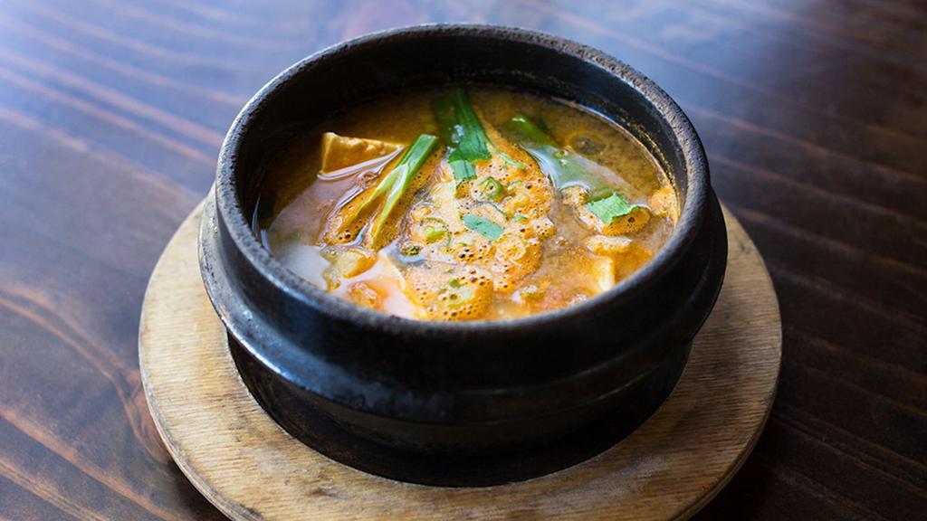 Korean Miso Stew · Soybean paste stew with  tofu and vegetables.