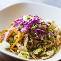 Korean Glass Noodles · Sauteed with beef, mushroom, julienned carrots, onion and sesame oil. Available with beef, c...