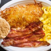 2 Eggs Feature · Two eggs any style served with hash browns and choice of biscuit or toast.