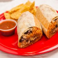 Chicken Burrito · grilled chicken, red rice, black beans, onions, bell pepper and pico de gallo.