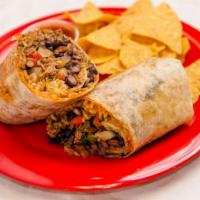 Carnitas Burrito · slow-cooked pork, red rice, black beans, onions, bell pepper and pico de gallo.