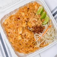 1. Pad Thai Rice Noodle · Eggs, tofu and bean sprouts and ground. Peanuts on the side.