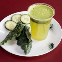 Green Lemonade · Refreshing juice made with Lemon, Cucumber, Celery, Apple, Kale, and Ginger root.
Vegan and ...