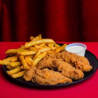 Hot Tenders and Fries · Three chicken tenders (breast), choice of spice level, fries, and choice of sauce