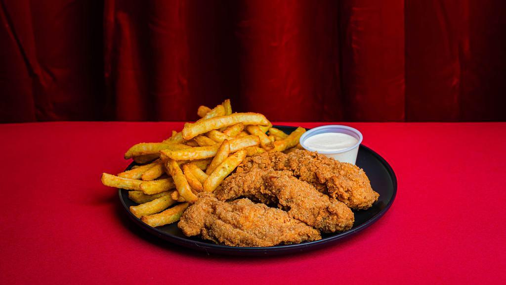 Hot Tenders and Fries · Three chicken tenders (breast), choice of spice level, fries, and choice of sauce