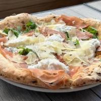 Doppio Zero Pizza · Burrata cheese, 24 months . Prosciutto di Parma, arugula, . shaved Parmigiano Reggiano, E.V....