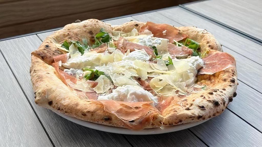 Doppio Zero Pizza · Burrata cheese, 24 months . Prosciutto di Parma, arugula, . shaved Parmigiano Reggiano, E.V.O.O