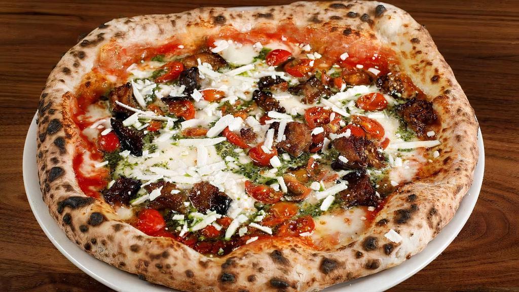 Ortolana Pizza · San Marzano tomato sauce, fresh mozzarella, zucchini, bell peppers, mushrooms, shaved Parmesan cheese