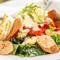 Kale Salad · Italian sausage, tomato, artichoke, onions, parmesan, red peppers, marinated beans and balsa...