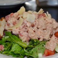 Panzanella (Bread Salad) · Fresh greens topped with bread mixture of  tuna, red pepper, red onion, cucumber, parmesan, ...