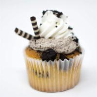 Oreo Cupcake · Oreo cupcake with oreo whipped cream on top, blue gumball and blue paper straw.