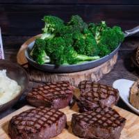 Filet Mignon Family Meal  · (4) 6oz Filet Mignon, Home-Style Mashed Potatoes or Rice, Fresh Broccoli with Garlic Butter,...