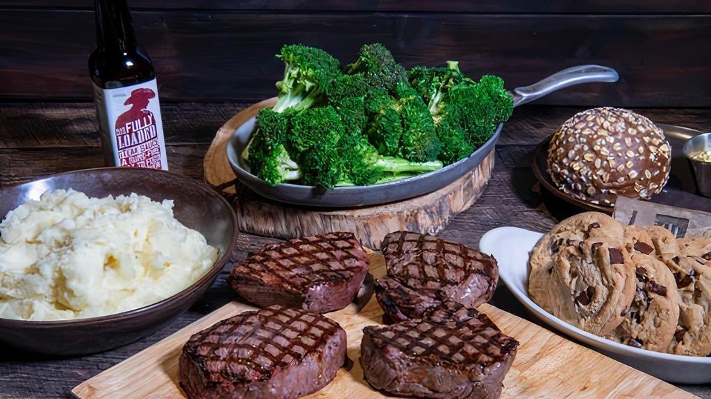 Filet Mignon Family Meal  · (4) 6oz Filet Mignon, Home-Style Mashed Potatoes or Rice, Fresh Broccoli with Garlic Butter, 8 Chocolate Chip Cookies.. *All steaks cooked to the same temperature