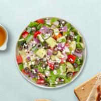 Hide And Greek Salad · Romaine lettuce, tomatoes, artichoke hearts, onions, cucumber, olives, feta cheese, carrots,...