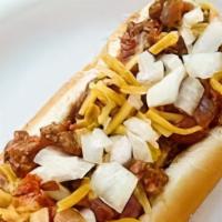 Jumbo Chile Cheese Dog · 1/4 LB All Beef Hot Dog, Chile, Cheese and Onions.