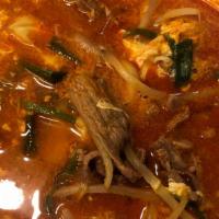 Fusion Spicy Beef Stew (Fusion Yukgaejang) · Our Delicious Spicy Beef Stew with Vegetables + Shitake. Hearty Broth with that Korean Spici...