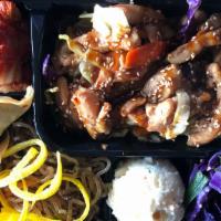 BEEF BOX · Beef Bulgogi, Potato Mash, Cabbage, Potato Mash, Kimchi, Sweet Potato Noodles, and Rice all ...