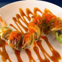 Dragon (Standard) · crab, tempura shrimp, gobo, cucumber,topped with eel, avocado, tobiko, and teriyaki sauce. c...