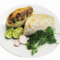 Regular Burrito · Rice, beans, meat, onion, cilantro, salsa.