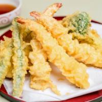 Shrimp & Veggie Tempura (App) · light batter-dipped, 3 pcs deep-fried prawns, and vegetables.