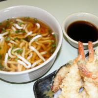 Tempura Udon · light batter-dipped fried prawns and veggies with noodle soup.