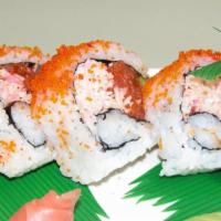 49er's Roll · Spicy Tuna, Avocado, Crab, and tobiko on top.  
(cut 5pieces)