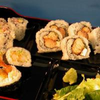 Salmon Katsu Roll Combo · 5 pcs Salmon Katsu roll (Deep-fried salmon) & 5 pcs Shrimp Tempura roll & 3pcs California ro...