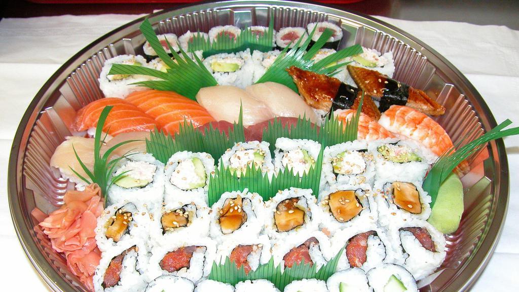 Mix Tray (48pcs) (No substitution allowed) · [Nigiri sushi] ; Tuna (2ps), Yellow tail (2ps), Salmon (2ps), Albacore (2ps), Unagi (2ps), cooked Shrimp (2ps).
[Roll] ; California roll (12ps), Chicken Teriyaki roll (6ps), Cucumber roll (6ps), Spicy Tuna roll (5ps), Tuna roll (6ps).