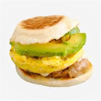 Sausage, Egg, Cheese and Avocado Breakfast Sandwich · Chicken sausage, egg, cheese, avocado and aioli.