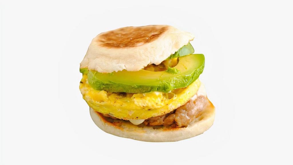 Sausage, Egg, Cheese and Avocado Breakfast Sandwich · Chicken sausage, egg, cheese, avocado and aioli.