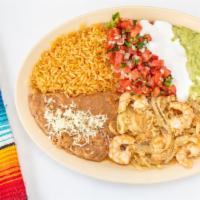 Mojo de Ajo Plate (garlic shrimp) · shrimp, beans, rice, lettuce, salsa, cream, guacamole, tortillas.