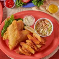 Fish & Chips · Beer battered crispy white fish with fries. 1440 cal.