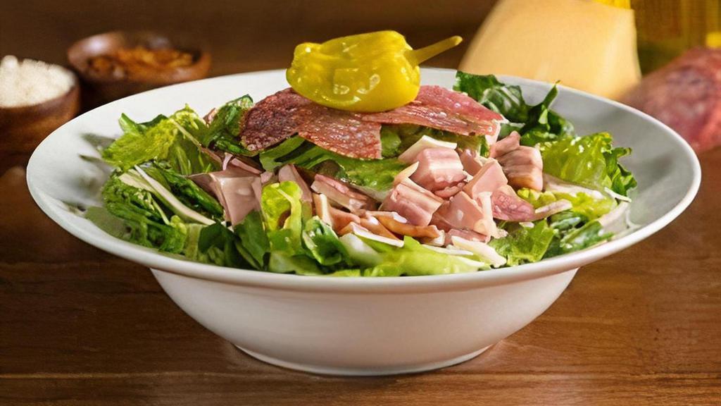 Antipasto · Blend of fresh lettuce with a large portion of Cotto salami, mortadella, ham, dry salami, and Provolone cheese and topped with pepperoncini. 760 cal.