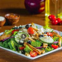 Greek With Chicken · Chicken, fresh crisp romaine, authentic Feta cheese, tomatoes, green peppers, red onions, bl...