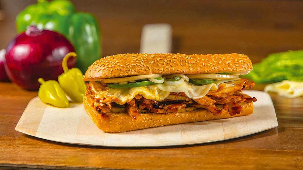 Bbq Chicken Sandwich · Our signature pizza factory® bbq sauce with grilled chicken served hot with melted Provolone cheese, onions, and green peppers. 820 cal.