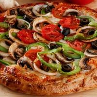 Veggie Pizza · Black olives, fresh mushrooms, onions, green pepper, tomatoes.