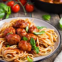 Spaghetti and Meatballs · Spaghetti Pasta in Marinara sauce, topped with Meatballs made with Fresh Ground Beef, Garlic...