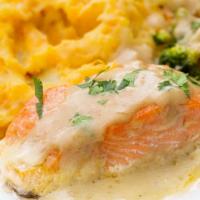 Salmon Piccata · Freshly Grilled and Perfectly Seasoned Salmon Filet Coated with Creamy Piccata Sauce. Comes ...