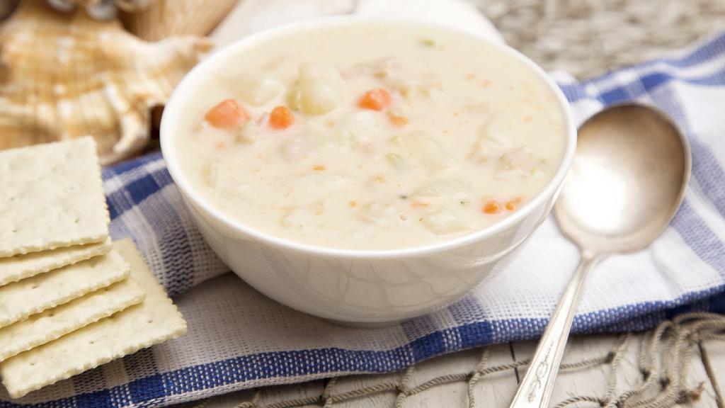 Clam Chowders · Delicious rich base of clams, carrots, celery, unsalted butter, flour, yellow potatoes, fresh minced garlic, bay leaves, milk, salt and pepper