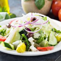 House Salad · Fresh Salad with Tomatoes, Cucumbers, Red Onions, and Mixed Greens served with Italian Heart...