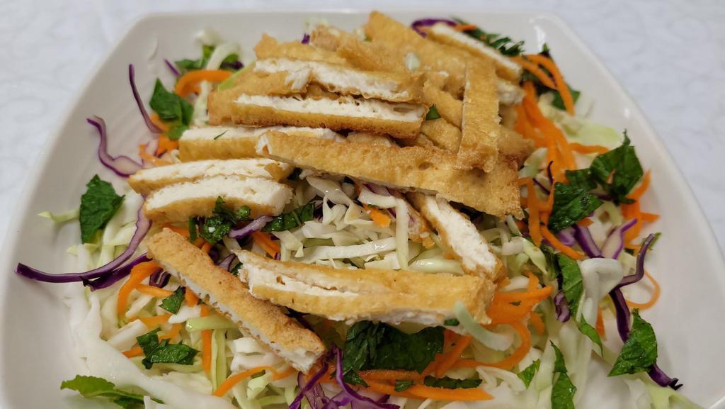 Tofu Cabbage · Deep-fried tofu, cabbage, carrots, cucumber and mint.