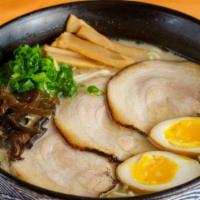 Tonkotsu Warrior · Ramen noodle with pork broth. Topped with bean sprouts, black fungus, bamboo shoots, soft bo...