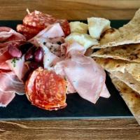 Fam Style AFFETTATI · Prosciutto, mortadella, salame piccante,. Grana Padano, olives and pan focaccia