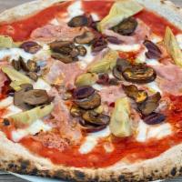 CAPRICCIOSA · San Marzano tomato sauce, fior di latte mozzarella,. prosciutto cotto, cremini mushrooms, ol...