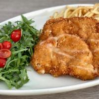 POLLO MILANESE · Mary’s free rage chicken breaded and fried,. french fries, arugula salad, lemon