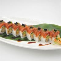 Gekikara · Shrimp, tempura, avocado, cucumber topped w/ spicy tuna, jalapeno & tobiko w/ unagi sauce.
