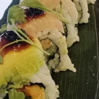Karai-Hamachi Roll · Spicy hamachi, cucumber, kaiware topped with hamachi, avocado with chili paste, black tobiko...