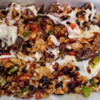 Alambre · Asada, Pastor, Chorizo Mix, Bell Peppers, Mushrooms, Onions, Cheese Melted