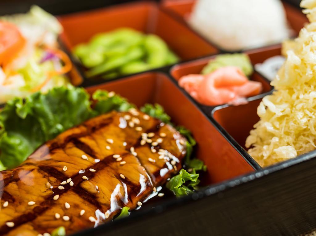 Lunch Bento Box (Two Items) · Served with miso soup, salad & rice.