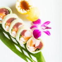 Sushi Q · Tuna, salmon, hamachi, crabmeat wrap w/ cucumber-ponzu sauce.